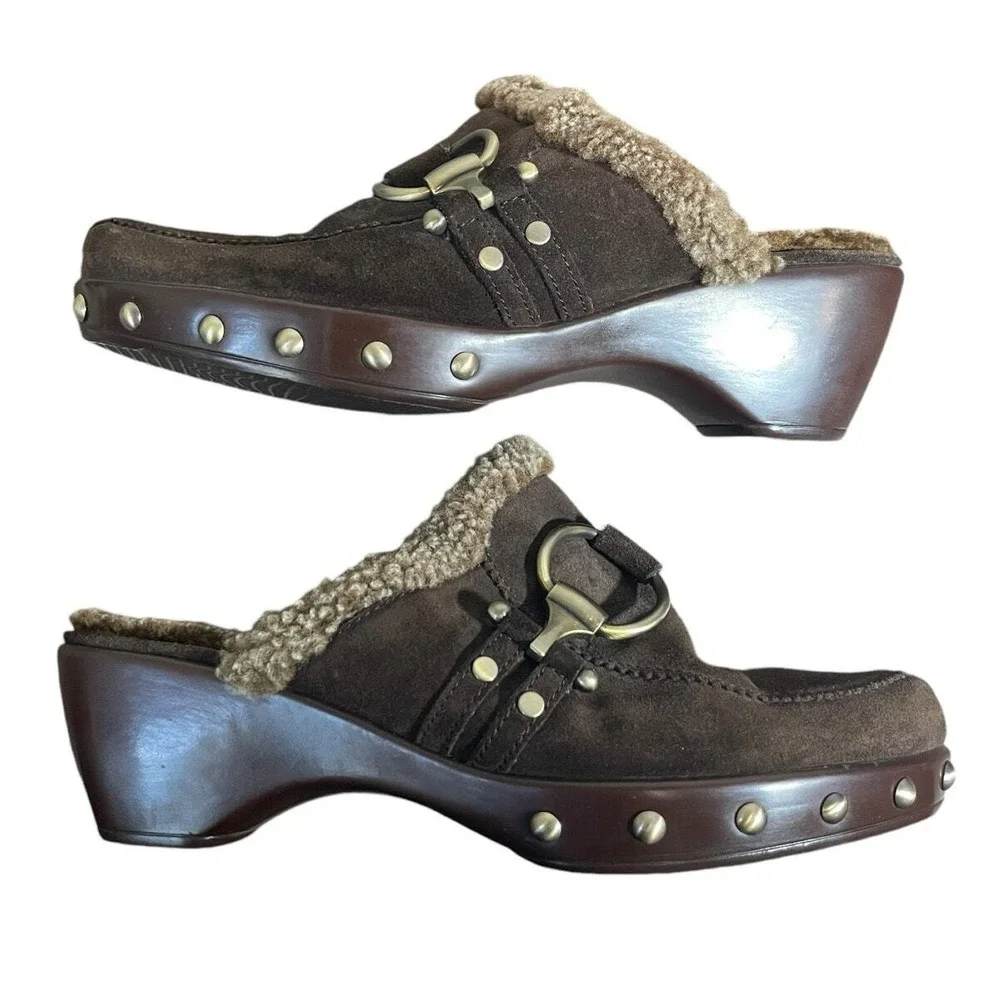 Stuart Weitzman Clogs Mule Brown Suede Sherpa Lined‎ Platform 9 Boho
